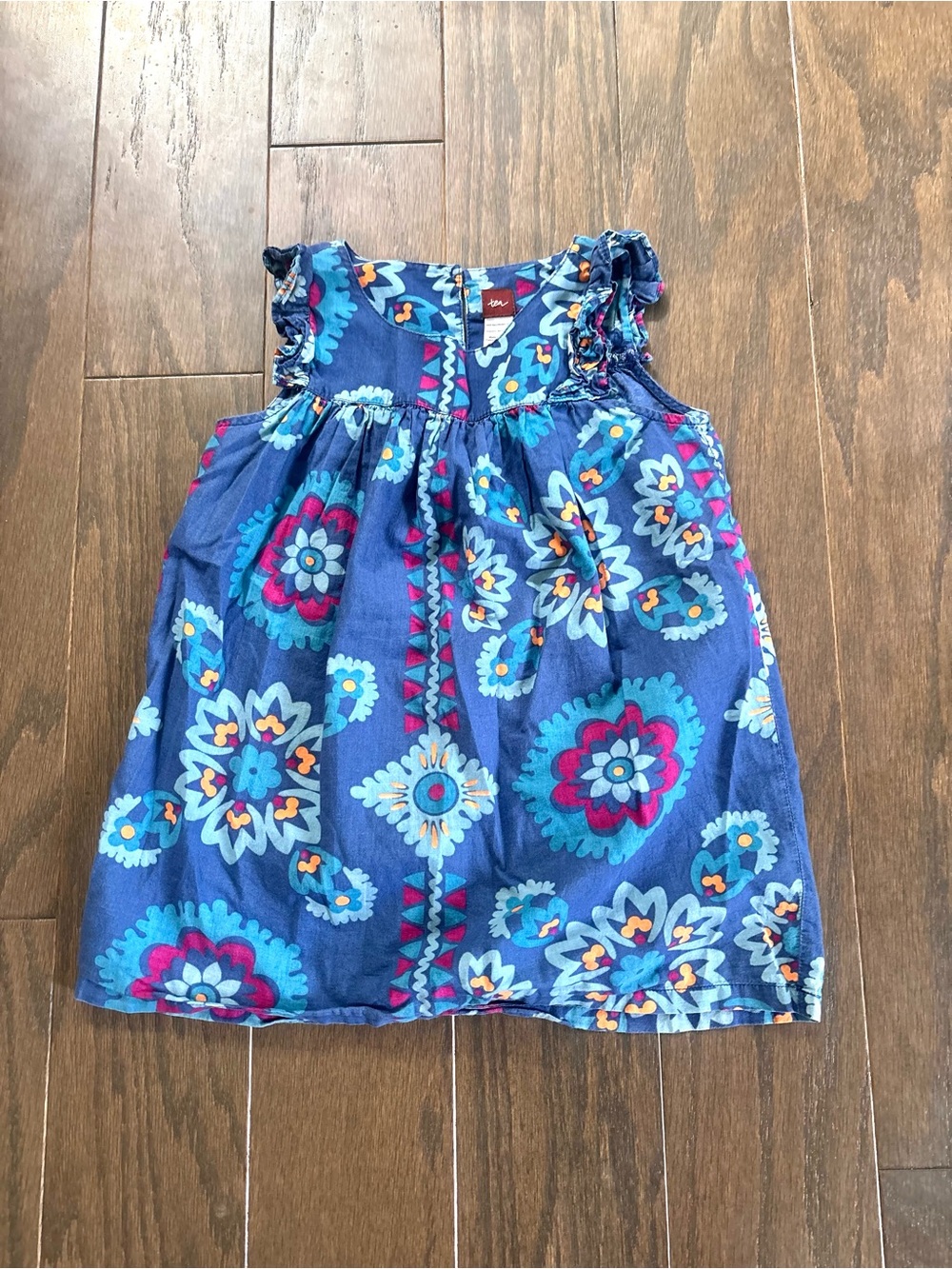 Tea Collection Blue Floral Medallion Print Ruffle Sleeve Cotton Tunic Dress Sz 7